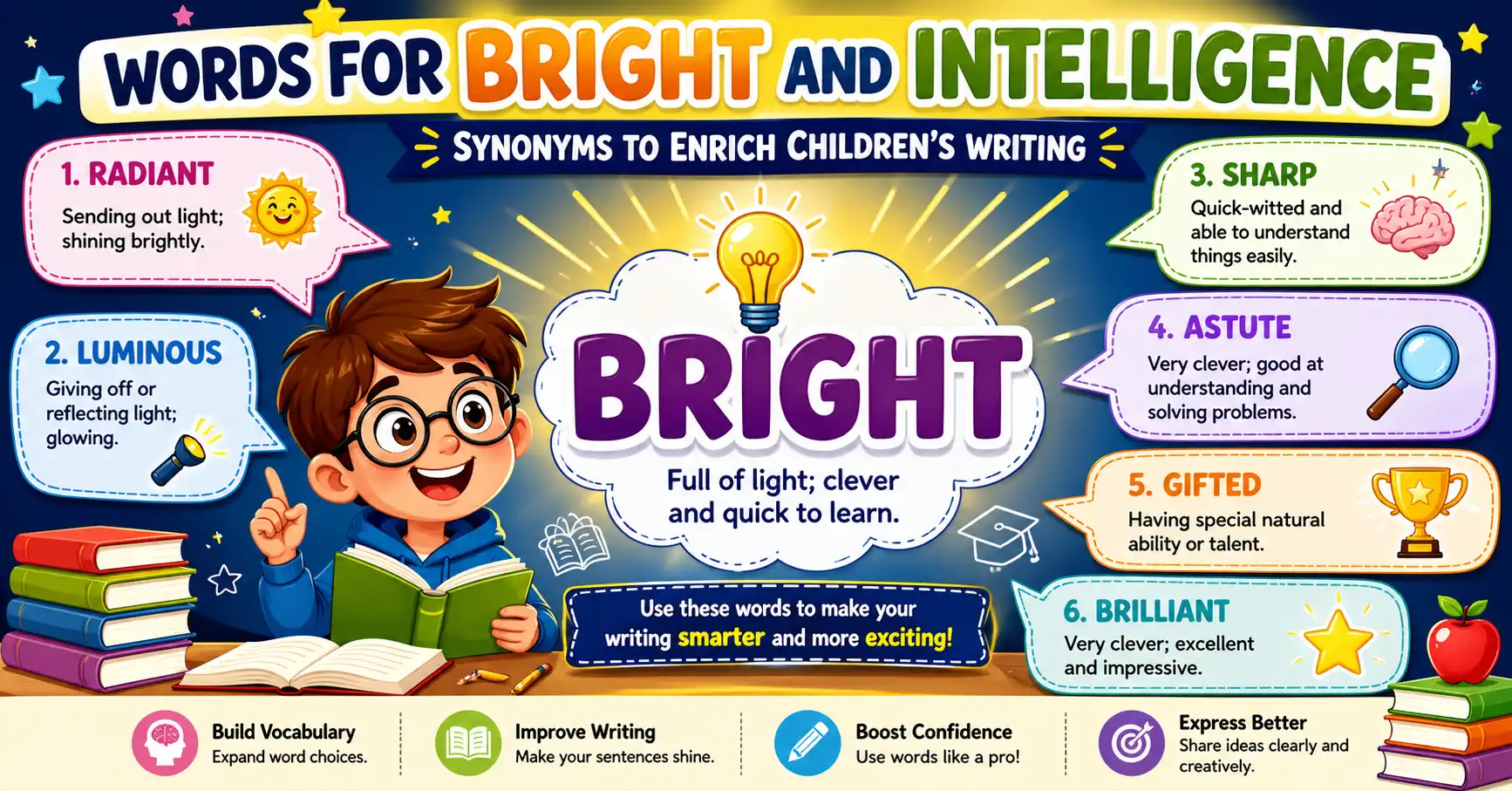 Words for bright and intelligence — for children's education writing