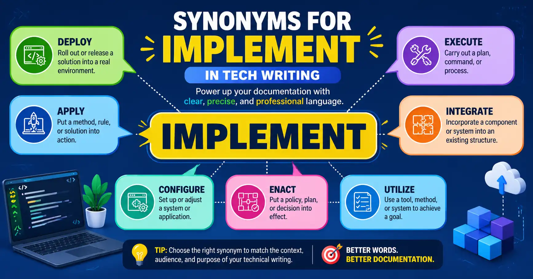 synonyms for implement in tech writing